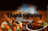 a happy thanksgiving greeting card with a turkey and fruit