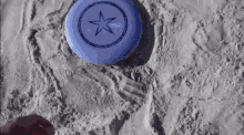 a frisbee with a star on it is on the sand