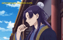 a purple haired anime character with the words apothecary diaries clips below him