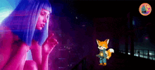 a cartoon fox is standing next to a naked woman in a futuristic scene .