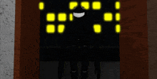 a cartoon character with a big smile is standing in front of a wall with yellow squares on it
