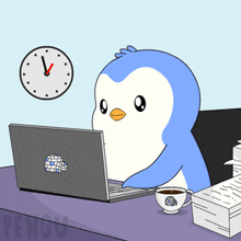 a cartoon of a penguin sitting at a desk with a laptop and a cup of coffee