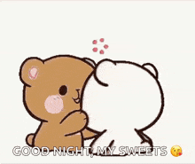 a couple of teddy bears hugging each other with hearts surrounding them .