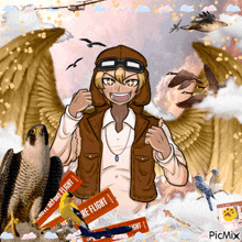 a cartoon of a man with wings surrounded by birds and a ticket that says " re flight "