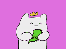 a cartoon drawing of a white cat holding a green dinosaur with a crown above its head