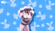 a blue background with white rabbits and the name purx124 at the bottom