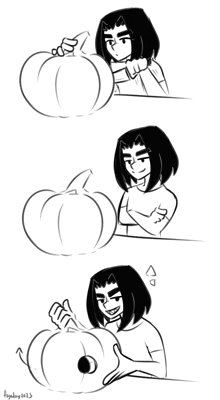 a black and white drawing of a man holding a pumpkin with the year 2013 on the bottom