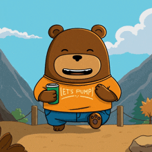 a cartoon of a bear wearing an orange shirt that says let 's pump