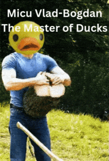 a man with a yellow duck head is holding a log