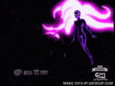 a cartoon character is holding a purple light .