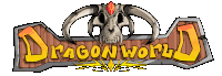 a dragon world logo with a skull on top