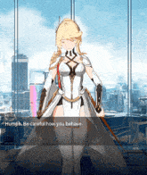 a woman in a white dress is talking to another woman in a video game called humph be careful how you behave