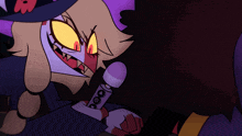 a cartoon character is holding a microphone with the letters o on it