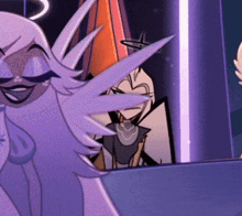 a close up of a cartoon character taking a selfie with another character in the background .