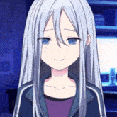 a girl with long white hair and blue eyes is wearing a blue jacket .