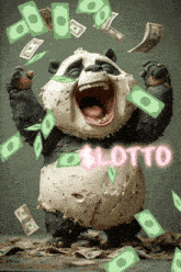 a cartoon panda bear is surrounded by money and the word lotto