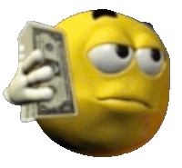 a yellow smiley face is holding a stack of money in front of its face .