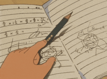 a hand holding a pencil pointing to a drawing on a notebook