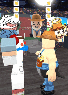 a cartoon character with a bucket of popcorn on his stomach is talking to another character