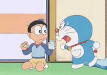 a cartoon of doraemon talking to nobita