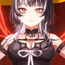 a close up of a girl 's face with red eyes and a black top