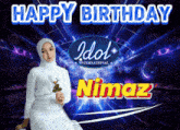 a woman in a white hijab is holding a flower in front of an idol logo