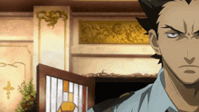 a close up of a man 's face with a stained glass door in the background