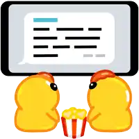 two yellow ducks are eating popcorn in front of a screen with a message on it