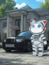 a cartoon cat in a space suit is standing in front of a black rolls royce