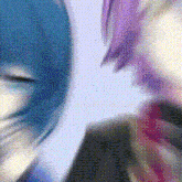 a blurry picture of two anime characters , one with blue hair and the other with pink hair .