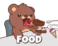 a cartoon of a bear eating food with the word food below him