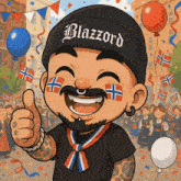 a cartoon drawing of a man wearing a beanie that says blazzord