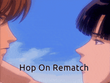 a picture of a man and a woman with the words hop on rematch on the bottom