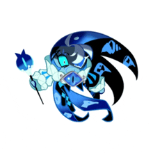 a blue and black cartoon character is holding a wand and a blue flower .