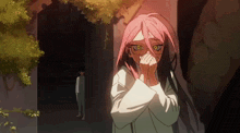 a girl with pink hair covering her mouth with her hands