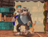 a cartoon monkey with a beard is holding a banana in a store