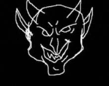 a drawing of a devil 's face with horns on a black background