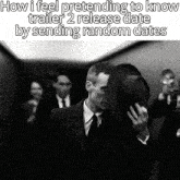 a man in a suit and tie is holding his hat in front of his face with a caption that says how i feel pretending