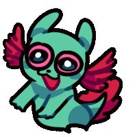 a pixel art drawing of a green cat with pink wings and big eyes .
