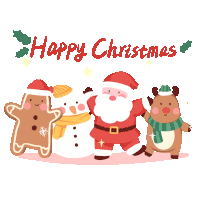 a christmas card with santa claus gingerbread man reindeer and snowman on it