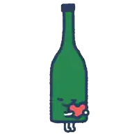 a cartoon drawing of a green bottle with a face and a heart in its mouth