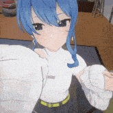 a girl with blue hair is taking a selfie in a room