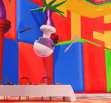 a cartoon character with a chef 's hat and a spatula hanging from the ceiling
