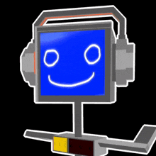 a computer monitor with headphones and a smiley face on the screen