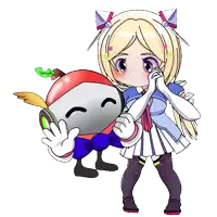 a cartoon girl is standing next to a robot with a red apple on its head