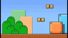 a video game where a cat is flying over a man and blocks with a question mark