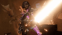 a woman in a video game is holding a gun with a light behind her