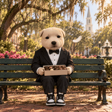 a stuffed dog in a tuxedo sits on a bench holding a box of chocolates