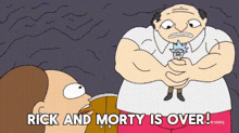a cartoon of rick and morty is over with a man holding rick in his hand .