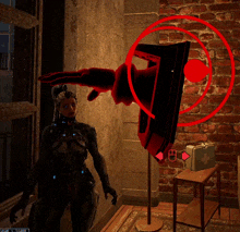 a screenshot of a video game shows a woman standing in front of a brick wall